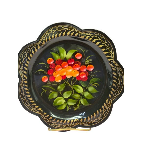 Russian Zhostovo ToleWare art Plate set Flowers Colorful Gold SIGNED folk art - Picture 4 of 11